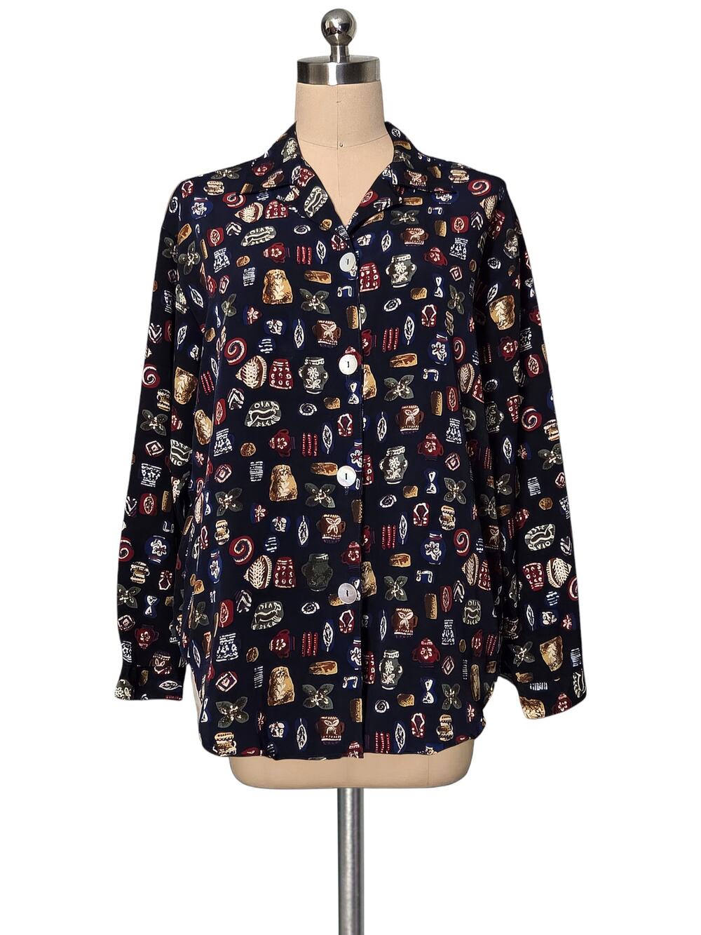Vintage 80's 90's Y2K PETITE IMPRESSIONS Navy Pottery Jar  Print  Blouse PM
